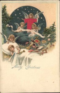 Christmas Angels Watch Over Sleeping Child Vintage Toys c1910 Postcard