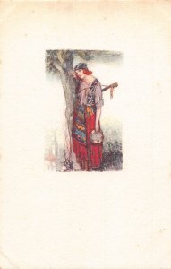 Glamour Gypsy Girl Musician Guitar Tambourine Tree Art by Mauzan postcard C328
