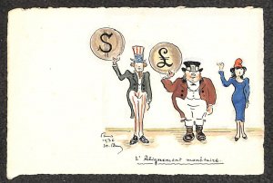 UNCLE SAM JOHN BULL ENGLAND FRANCE MONEY HAND DRAWN ARTIST SIGNED POSTCARD 1936