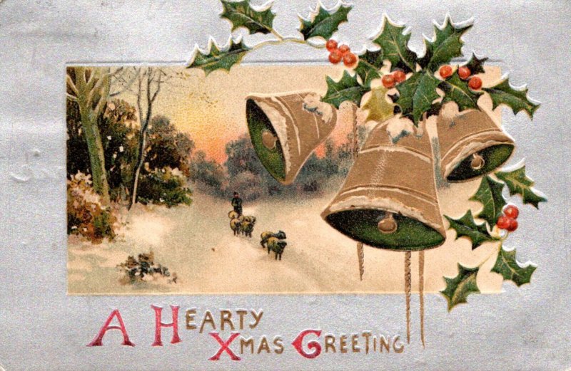 Christmas With Gold Bell and Holly 1909