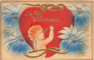 G2/ Valentine's Day Love Postcard c1910 Cupid Gold Arrow Flowers 4