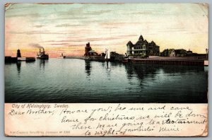 Postcard Helsingborg Sweden c1905 View of The City Lighthouse Ship