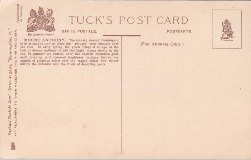 Bennington Vermont VT Mount Anthony Tuck's Unused Postcard E18
