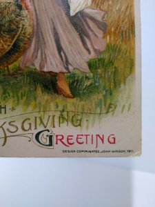 John Winsch Thanksgiving Postcard Schmucker Victorian Turkey Lady Gold Sun 1911