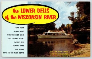 Lower Wisconsin Dells~River Sightseeing Excursion Boat~Ink Stand~1960s Postcard