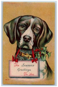 Christmas Postcard Greetings Dog With Holly Berries Harristown Missouri MO 1910
