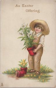 EASTER Greetings Postcard c1910 CHILD Planting FLOWERS Pots Hat E37