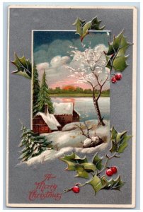 Mason City IA Postcard Christmas House Winter Scene Holly Berries Embossed 1910