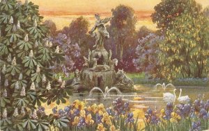 Fountain in garden wwith swans Nice old vintage German postcard
