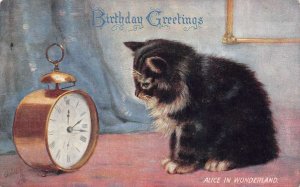Birthday Greetings Alice in Wonderland Cat Kitten and Clock Tuck PC AA71269