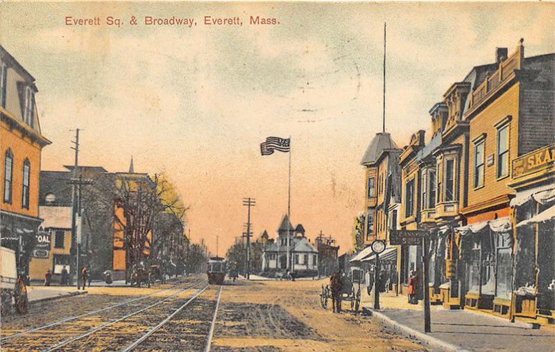 Everett MA Everett Square & Broadway Trolley Horse & Wagon Old Car Postcard