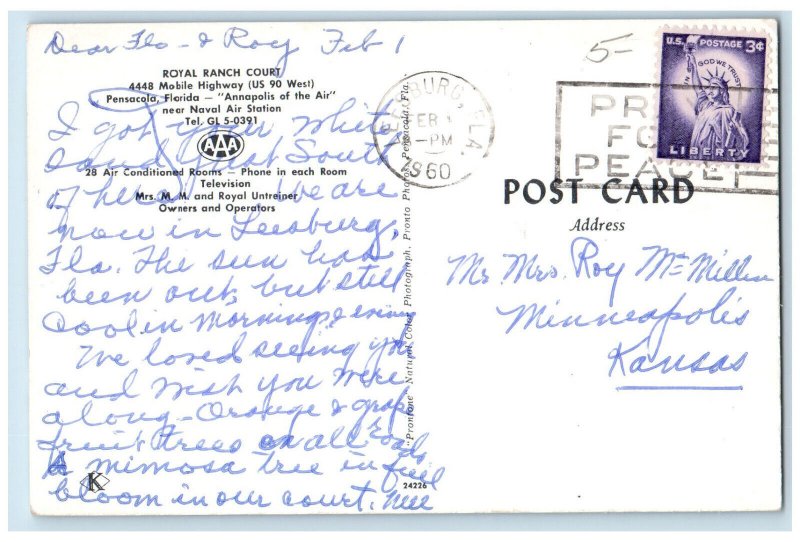 1960 Entrance to Royal Ranch Court Pensacola Florida FL Vintage Postcard