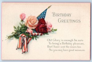 Lyman Powell Signed Artist Postcard Birthday Greetings Roses Flowers And Flag