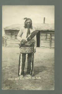 Winner SOUTH DAKOTA RPPC c1910 CHIEF RED HILL Sioux Indian DANCE FAN Log Cabin