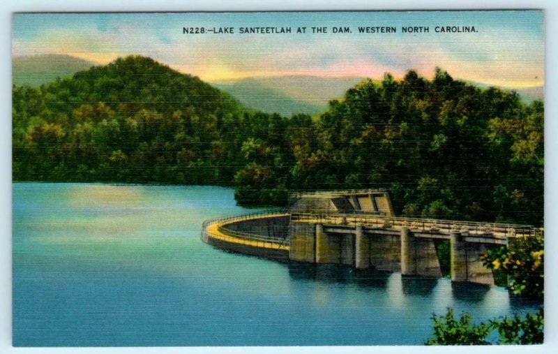 2 Postcards WESTERN NORTH CAROLINA, NC ~ Dam & Reflection LAKE SANTEETLAH 1940s