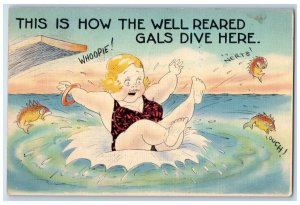 1939 Fat Woman Dive Fishes Hurts Comic New London Connecticut CT Posted Postcard