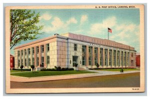 Vintage 1930's Postcard Flag Over US Post Office Building Lansing Michigan