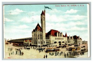 Vintage 1908 Postcard Union Station St. Louis Missouri - Cable Cars Horse Buggy