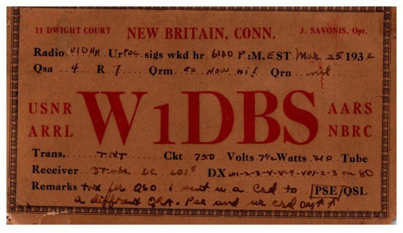 Connecticut  New Britain , QSL W1DBS  date 1932