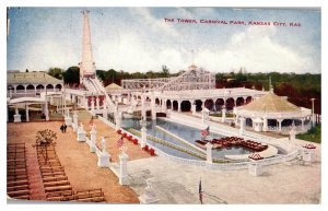 the Tower at Carnival Park Water Ride Kansas City KS c1907 Vintage Postcard S08