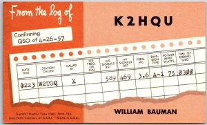 1957 QSL Radio Card Code K2HQU William Bauman Amateur Station Posted Postcard