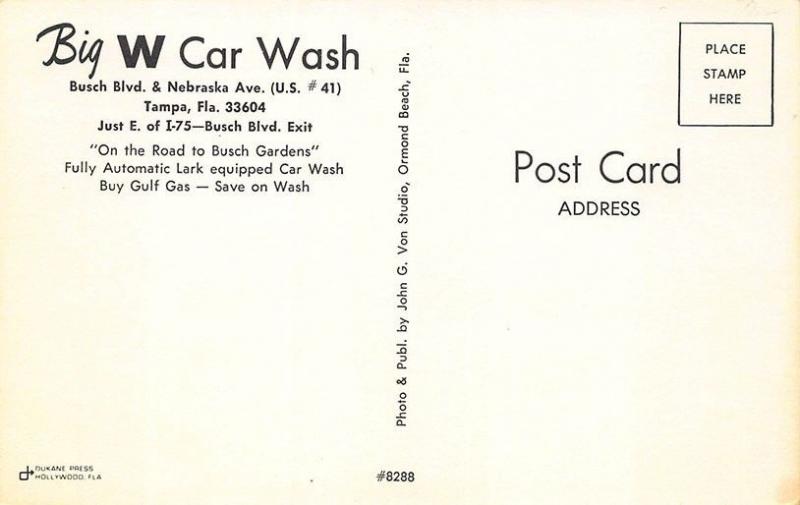 Tampa FL Big W Car Wash Gulf Gas Station Busch Gardens Postcard