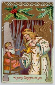 Christmas Greeting Beautiful Golden Wing Angel With Toy fof Child Postcard Z25