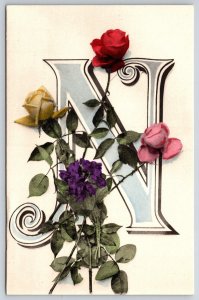Large Letter N on Bouquet Of Flowers~Mader & Springer~Vintage c1910 Postcard