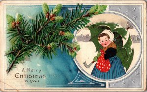 Vintage Postcard A Merry Christmas Girl Umbrella 1908 Sabina, Ohio KO1