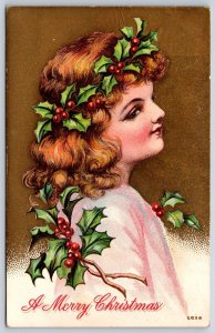 Christmas~Red Haired Girl With Holly Wreath In Hair~Gold Back~Emboss~Winsch~1911