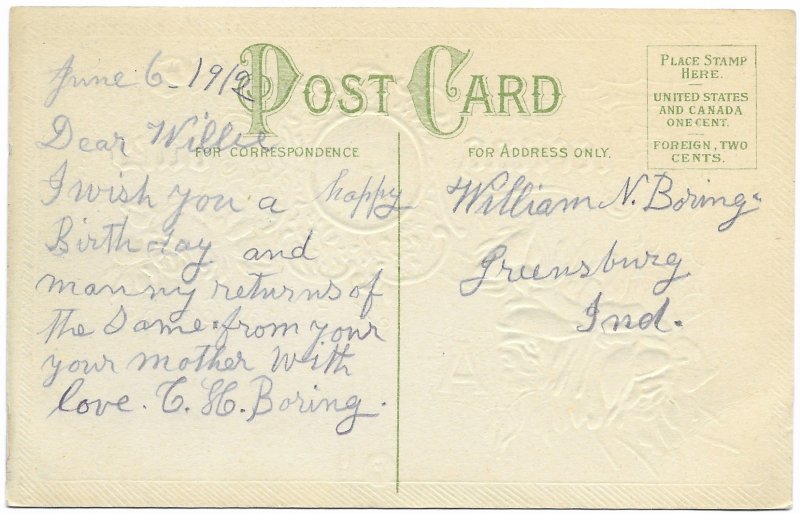 US Rare embossed Birthday Greeting Card. Used, no postage.  1912