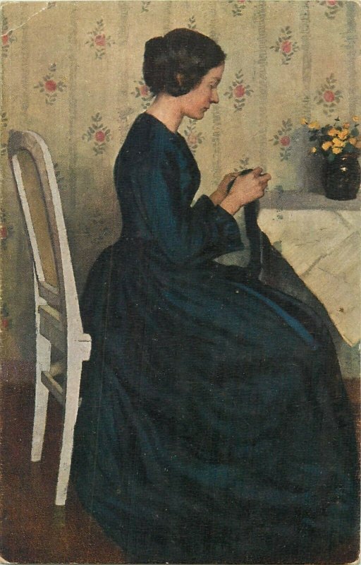 Vintage art postcard Alb Voss woman sewing