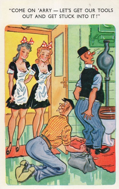 Box Of Tools Harry Factory Foreman Repairing WC Sexy Maid Comic Postcard