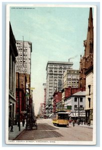 c1910's Fourth Street View Trolley Cincinnati Ohio OH Phostint Antique Postcard