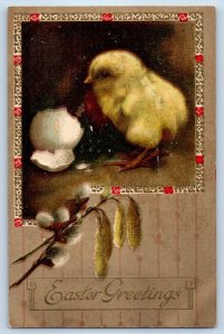 c1910's Easter Greetings Little Chick Hatched Egg Cattails Embossed Postcard