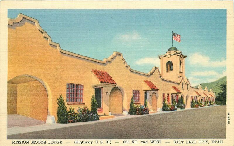 Mission Motor Lodge roadside Salt Lake City Utah Teich Linen Postcard 20-13277