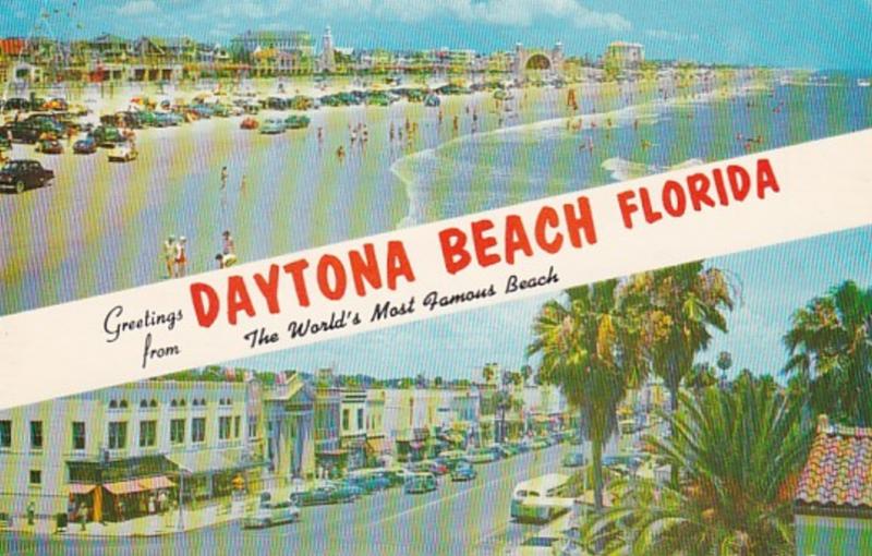 Florida Daytona Beach Greetings Showing Beach and Downtown 1961