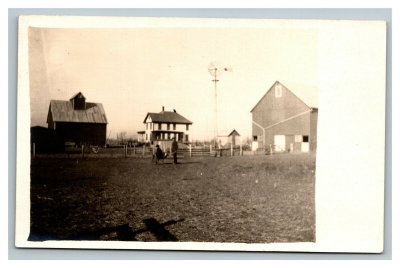 Vintage 1910's RPPC Postcard Family Farmhouse  Barn and Field Windmill