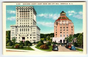 Buncombe County Court House Asheville North Carolina Linen Postcard Old Cars