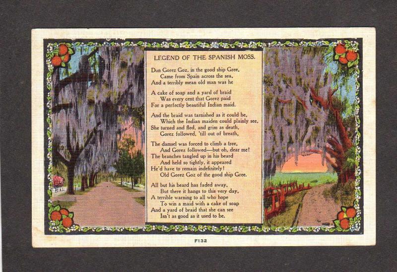 Legend of the Spanish Moss Spain Poem Poet Postcard Carte Postale Ship Gree