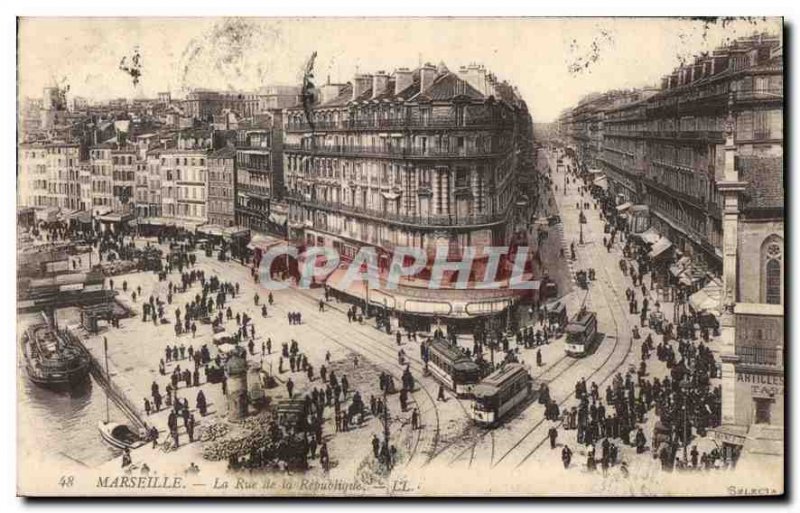 Old Postcard Marseille Rue de la Republique Tramway