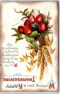 CLAPSADDLE Artist Signed HAPPY THANKSGIVING Wheat, Fruit 1912 Embossed Postcard