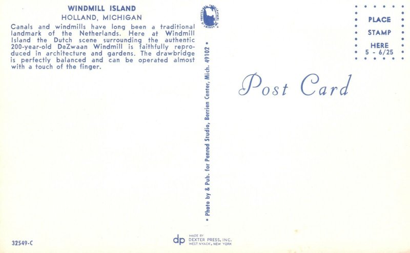 Vintage Postcard Windmill Island Canals Landmark Dutch Scene Holland Michigan MI