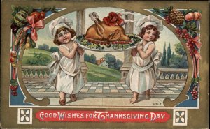 Thanksgiving Cute Kids Child Chefs with Turkey Fantasy c1910 Vintage Postcard