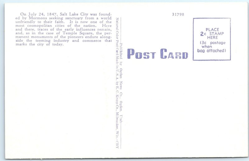 c1930s Salt Lake City, UT Mormon Temple Square Tabernacle Church Linen PC A289