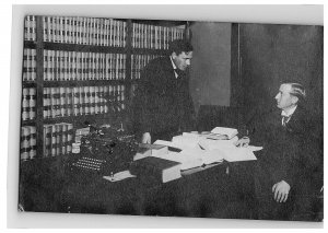 1907 Postcard Office Desk Typewriter Books Rppc Your Papa Got Shot Post Gary IN