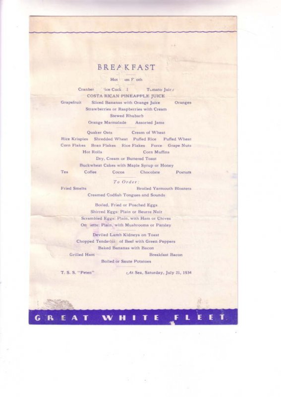 TSS Peten, Cruise Ship Breakfast Menu, Great White Fleet, At Sea, July 21, 1934