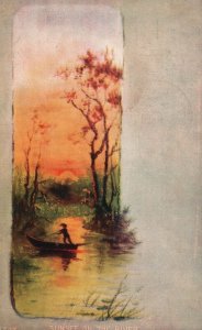 Vintage Postcard 1910's Landscape Boating Canoeing Sunset Lake Adventure