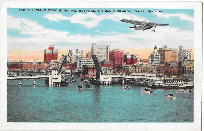 FL Tampa Skyline from Municipal Hospital Davis Island Prop Airplane Postcard