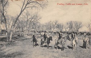 Lamar Colorado Feeding Cattle Scene, B/W Lithograph Vintage Postcard U7140